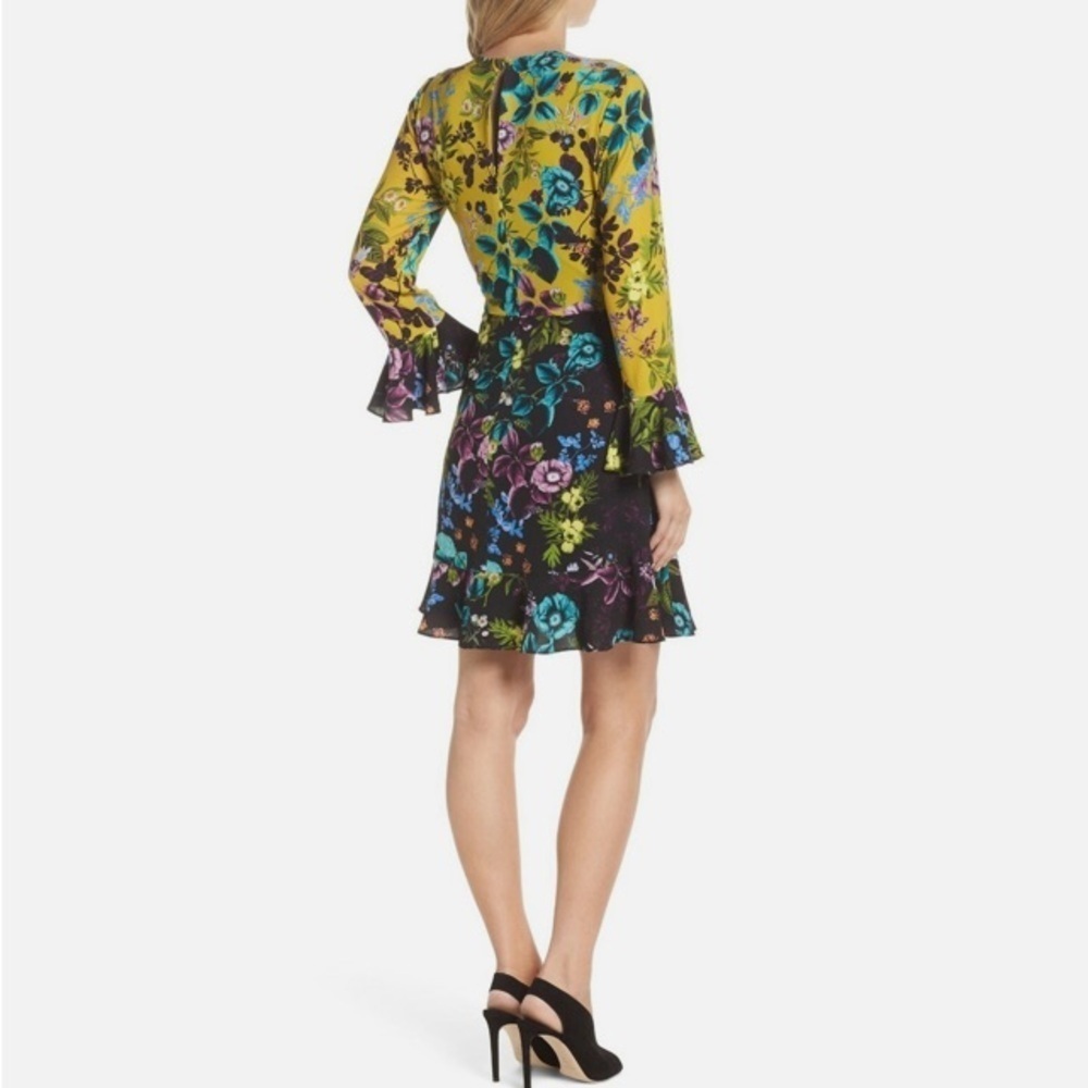 ELIZA J NWOT Floral Color Block MIDI Dress Long Bell Sleeves Sz 4 Dark Romantic - Picture 8 of 16